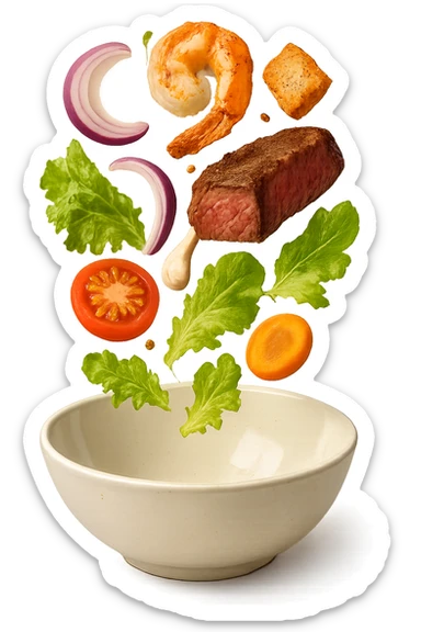 bowl in cui cade cibo da ristorante, iperrealistico 4k sticker