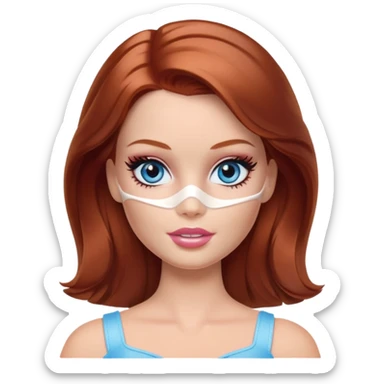 A Barbie face blue eyes with shoulder-length reddish brown hair, makeup with a cream mask on her face on her head sticker