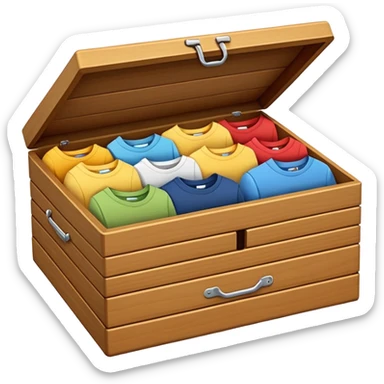 wooden storage box with folded clothes organized in compartments emoji style sticker