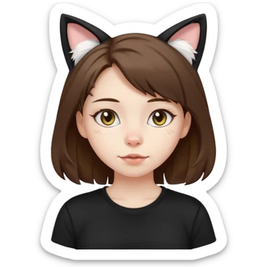 a girl with pale skin, medium length brown hair with lots of dandruff , cat ears and a tail, with a black t-shirt on sticker