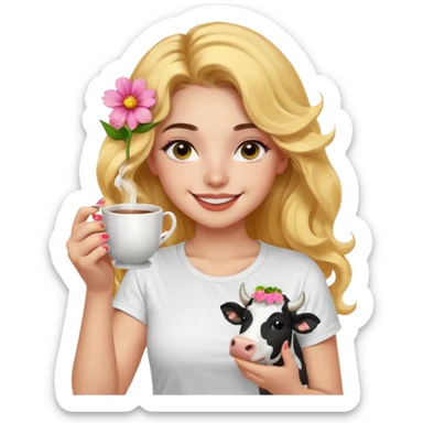 Emoji de iPhone una chica de Cabello ondulado un poco más largo, las expresiones un poco más amigables y coquetas, ojos color negro y un poco de iluminador en la nariz, remera blanca coquette y uñas de florecitas, sonriendo y haciendo distintas expresiones, tomando té y acariciando una vaquita sticker