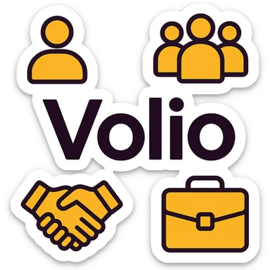 minimalistic abstract logo design with dominant orange-yellow color palette, Volio logo centered, modern symbolic icons representing Human Resources including person, group of people, handshake, briefcase, clean balanced futuristic tech-style layout, high contrast on white background, simple professional visually striking sticker