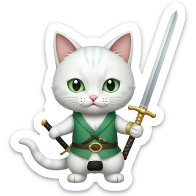 un gato blanco con reeferencia a rororoa zoro "una espada en cada mano y una en la boca" sticker