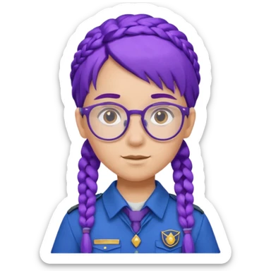 blue uniform wearing scout kid with braids and glassess with hat purple haired sticker