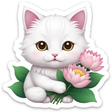 White cat holding a bouquet of lotus flowers sticker
