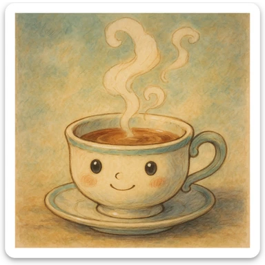 a whimsical teacup with a tiny face and steam, ghibli style sticker