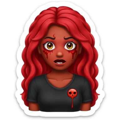Faça me um emoji de um zumbi mulher de cabelos vermelho escuro longos ondulado usando uma blusa preta, faça no estilo iphone sticker