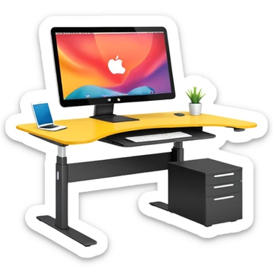 A height-adjustable office desk with a visible central lifting mechanism and a large flat monitor placed on top. The desk should look modern and minimal, symbolizing an ergonomic workstation. Rounded shapes, flat bright colors, consistent with standard emoji design. sticker