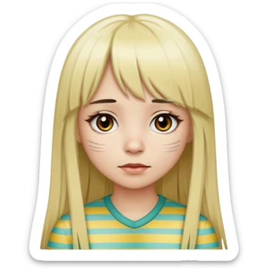 Girl with long straight dark brown hair and blonde striped streaks, with bangs. Light skin and dark eyes. Turn her into a cute zombie version — pale greenish skin, dark eyes, small wounds under eyes, keep her hair and mechas the same, emoji-style. sticker