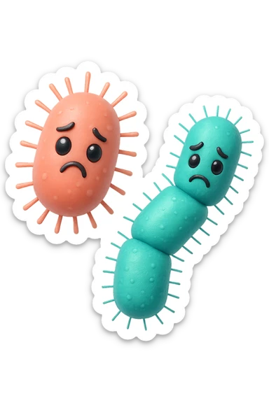 emoji stile iphone di batteri intestinali rosa salmone e turchesi con espressione triste che fluttuano in aria, iperrealistico 4k, isolato su sfondo bianco sticker