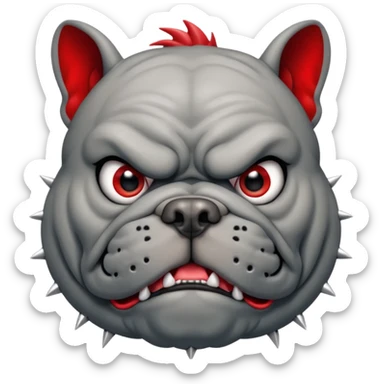 Create a fierce bulldog head emoji facing forward.
Strong jaw, deep wrinkles, and an intense scowl.
slight underbite with two visible fangs.
Dark gray fur with bold highlights and shading for depth.
Add a thick spiked collar (red or black) with shiny metallic spikes.
 sticker