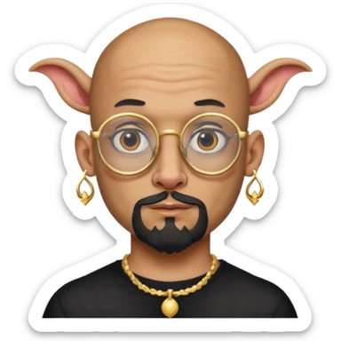 bald man with long goat beard and parti glasses and big gold ring earring and face tattoed sticker