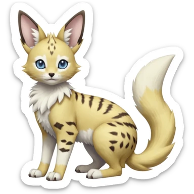 Albino-white, blue-eyed soft natural realistic romantic vintage antique divine beautiful elegant pretty precious cute young youthful  Fakémon-Pokémon-feline-Zeraora-Jolteon-serval-caracal-chinchilla-Minccino-Cinccino-Meowstic-rodent-hybrid-creature with a big fluffy bushy tail (full body) sticker