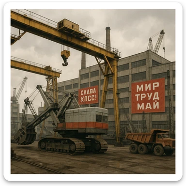 Soviet heavy equipment plant, large machinery, cranes, concrete buildings, red banners, industrial landscape sticker