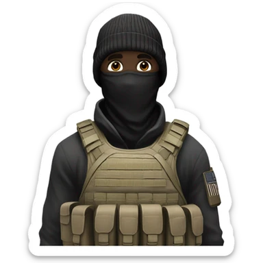 white male, pale skin, call of duty black face mask, camo tactical gear, combat boots, black beanie, hazel eyes, full body sticker