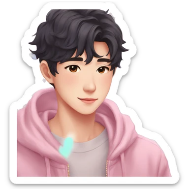Gorgeous bright sparkly romantic Asian anime pastel guy with blushing face aesthetic trending style outside sticker