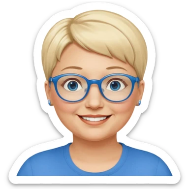 woman 50 years old, very short blonde hair, blue eyes and blue round glasses smile and overweight sticker
