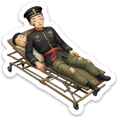 wounded man of oriental appearance, dressed in torn clothes, full length, with closed eyes, head lying on stretcher, in prone position, with injuries on black military stretcher, 1980 sticker