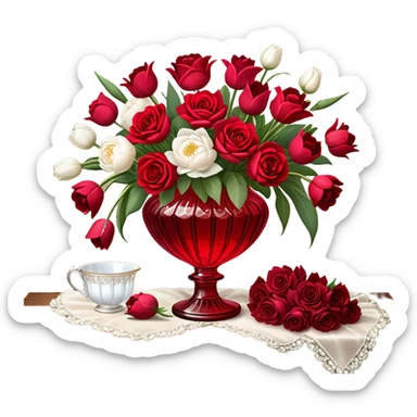 "A romantic still life of a crystal-clear red glass vase brimming with a lavish mix of scarlet roses, tulips, peonies, and silk-like pansies, with pearl-hued ribbons cascading gracefully over a vintage wooden table."
 sticker