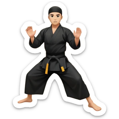 An icon depicting a martial artist in a black gi performing an Aikido technique in a dojo. The background showcases wooden floors, traditional dojo decor, and soft lighting that creates a peaceful yet focused atmosphere. The Aikido practitioner demonstrates fluid movement and precision.  sticker
