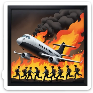 a plane crash in the middle of the night with fire and people running away sticker