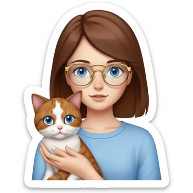 White girl with blue eyes, brown hair, freckles, and gold glasses, holding a small calico cat sticker