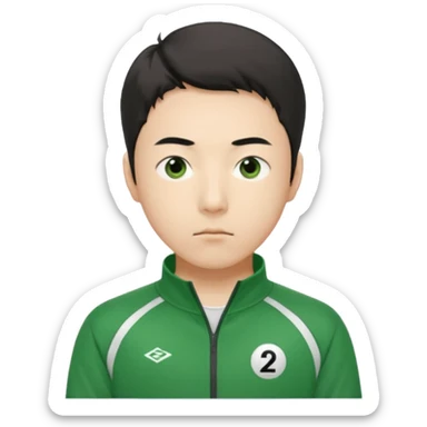 Illustrate Cho Sang-woo (Player 218) in green tracksuit with sharp, calculating gaze. sticker