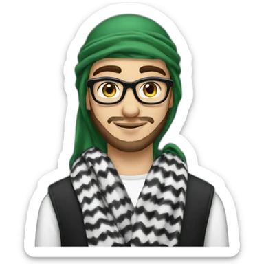 An 18-year-old young man with a thin beard and blue eyes, wearing black glasses and wearing a Palestinian keffiyeh.   sticker