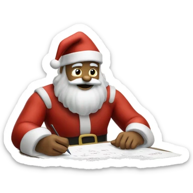 Santa is sitting on a desk, writing something down on a sheet of paper, solving complicated math puzzles  sticker