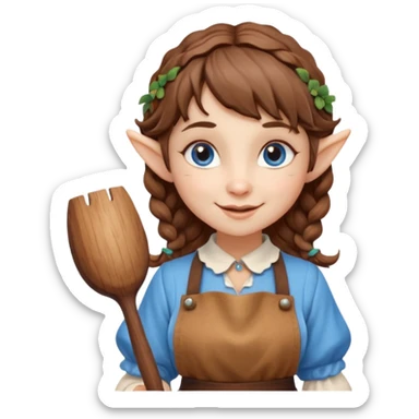 Kind happy whimsical quirky Girl toymaker, wood carving elf. Woodland creator. Blue eyes. brown hair (just below chin length) wavy hair & bangs. Whimsical playful cute sticker