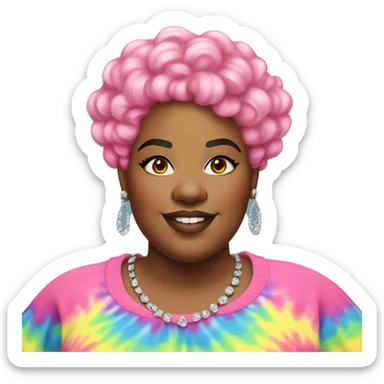 Large Plus size black woman with pink curly pixie cut hair and a rainbow tie dye sweater , and diamond stud earrings  sticker
