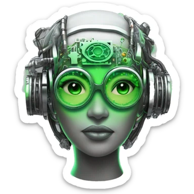 Neon green bobbed hair Latina female cyborg head with silver steampunk goggles and circuits sticker