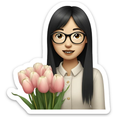 asian pale skin girl with long black shaking hair and bangs and glasses holding tulips sticker