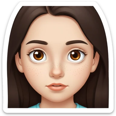 A 12-year-old girl with very long dark brown hair, light brown eyes, thick eyebrows, slightly big lips, a small freckle on her cheek and another small freckle under her eye sticker