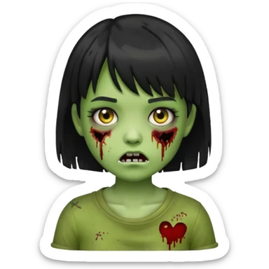 emoji, garota zumbi, estilo iphone, verde, com cabelo curto, preto, com franja, machucados pelo rosto, zumbi, com olhos brancos sticker