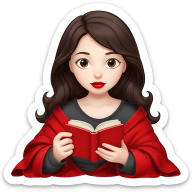 Long wavy dark brown haired, white skinned, dark big eyed girl with red lipstick wrapped in a red blanket, sipping tea and reading a book sticker