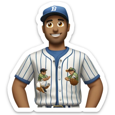 Man with brown hair in a Hawaiian shirt negotiates with a Latino baseball player wearing pinstripes  sticker