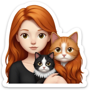 A girl with long ginger hair and a black and white fluffy cat on her right shoulder sticker