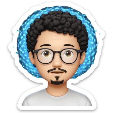 A young boy DEVELOPER WITH A laptop, black curly short hair, wearing glasses, a thin goatee, his skin is asian

Add the word "PIF" floating around him sticker