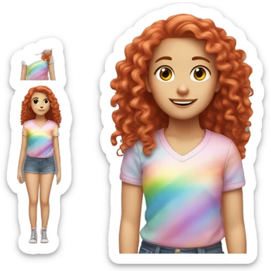white girl with long red curly hair, wearing a pastel rainbow shirt doing a pose sticker