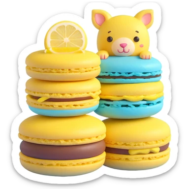 A yellow macaron with a lemon slice on top, two animals peeking out, light yellow background with white stars, detailed texture sticker