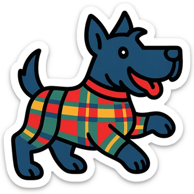 Scotty the Scottish Terrier mascot in tartan colors, energetic pose, modern icon style sticker