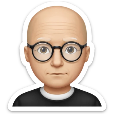 a guy who looks like kirby with a very round head, white skin and glasses almost bald, with like black glasses sticker