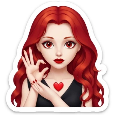 a pretty woman with long red hair and red eyes. The woman wear a black little cutted dress. She have red lipstick and she have a seductive look. She do a heart shape with her fingers sticker