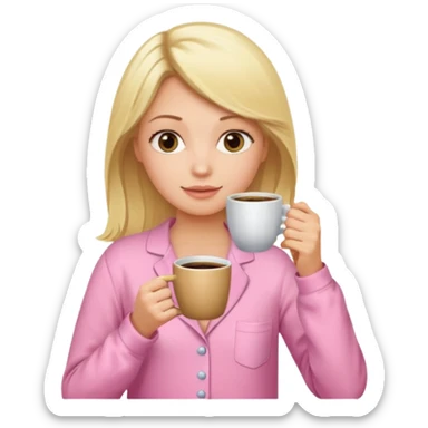 A blonde woman in pink pajamas wakes up to drink coffee. sticker