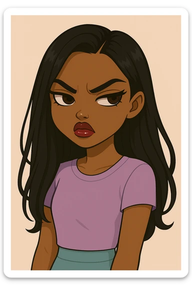 Change the expression to angry with a snooty attitude, keep the side-eye pose, headshot only, 20-year-old anime Bratz style woman with dark skin, straight hair, more casual outfit, big expressive eyes, glossy lips, no hat, no tears, nose turned up. sticker