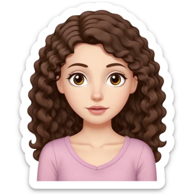 Aesthetic white girl with really long wavy/curly hair color dark brown, hair most be in front of the shoulders (hair in front of the shoulders). Big almond shape eyes color brown, small wide nose, natural lips, sweet expression. Dressed with a cute tight top color light pink. sticker