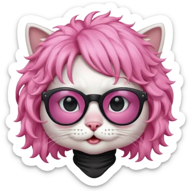 White cat wearing pink curly wig, black sunglasses sticker