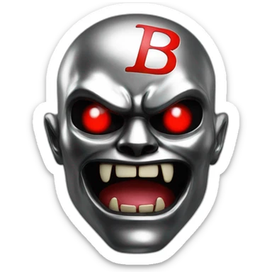 chrome demon with red lazer eyes and letter B on the face, 3d, portrait, black background sticker