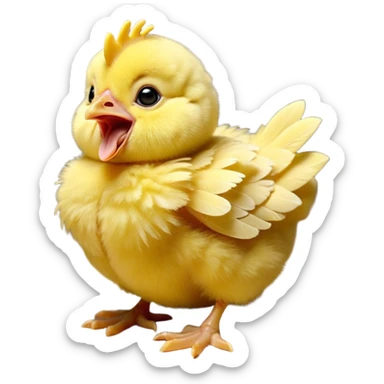 Cinematic Cute Yawning Yellow Baby Chicken Portrait Emoji, Head tilted slightly with a dramatic, wide-open yawn, showcasing a soft, downy yellow coat with little drooping wings, round beady eyes barely open in drowsy contentment, Simplified yet irresistibly adorable features, highly detailed, glowing with a soft, cozy glow, high shine, relaxed yet expressive, stylized with a touch of whimsical charm, bright and endearing, soft glowing outline, capturing the essence of a sleepy yet affectionate chick, so drowsy it feels like it could stretch out of the screen and curl up for a nap! sticker